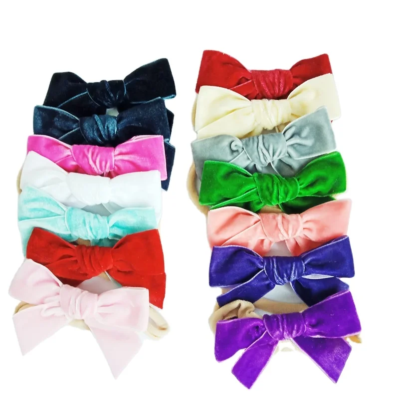 Fashion Nylon Soft Korean Velvet Ribbon Bow  With Elastic  Hair Band