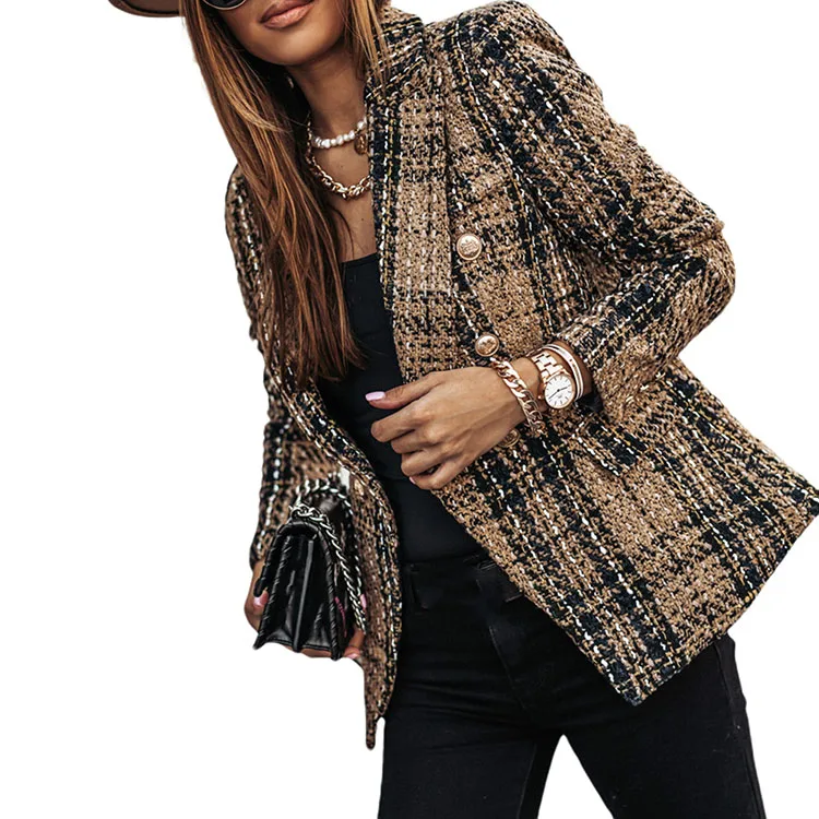 Vintage Elegant Double Breasted Women Blazer,Plus Size Women Clothes Formal Plaid Lapel Blazers for Womans 2022