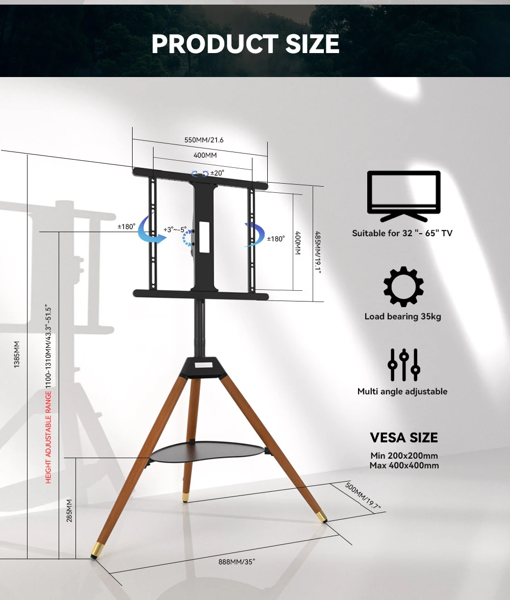 32inch-75inch Latest Design Luxury Artistic Easel Studio Wood TV Floor Tripod Stand With 3 Legs and A Heart DVD/AV Metal Tray