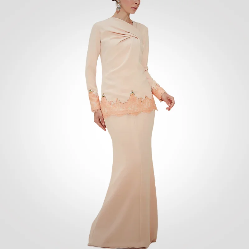 SIPO Eid Malaysia Raya Muslim Women Dress Drape-Necked Short Kurung With Lace Hemline Wholesale Design Moden Baju Kurung