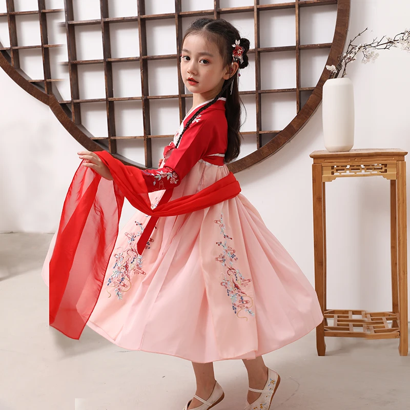 Модная Китайская одежда, детская юбка с вышивкой, комплект из 1 предмета, платье ханьфу для девочек, Детский костюм Тан
