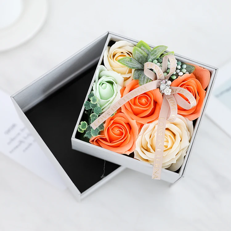 Hot Sale Orange Rose Artificial Flowers Soap Roses Head In Rotatable Gift Box Luxury Can Collecting Jewelry
