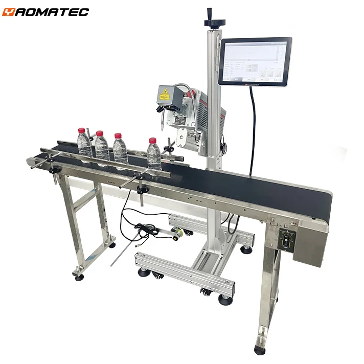 YAOMATEC Factory Manufacturer supply Low Price CO2 Flying Laser Marking Machine with Conveyor For Production Date Expiry Date