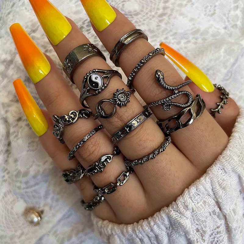 16pcs Knuckle Stacking Rings Set Vintage Retro Snake Sun Bohemian Joint Knot Midi Rings Jewelry Accessories