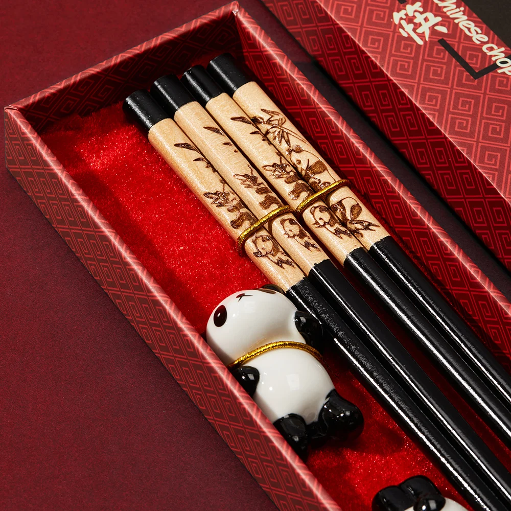 Wholesale Chinese Chopsticks Gift Box with Panda Ceramic Rack Couple Reusable Dishwasher-safe for Eating Cooking