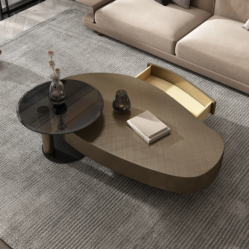 Hotsale Mango Shape Grey Oval Coffee Table Set With Black Side Table Modern Luxury Metal Center Tables With Drawer TV-007