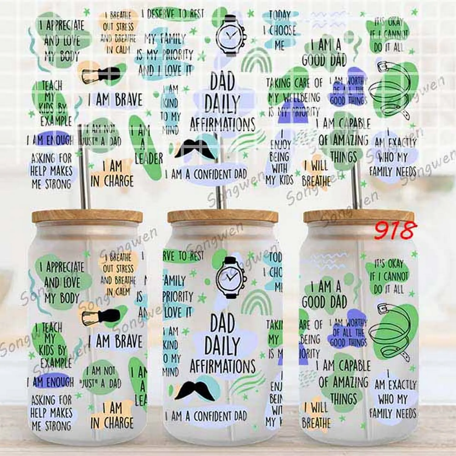 Fathers Day DIY Libby Glass Waterproof 3D UV DTF Cup Wrap Label Transfers Stickers For 16oz Cup Tumbler Mug Can Bottle Wrap