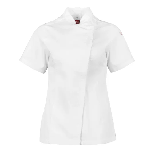 Womens 65% Polyester 35% Cotton Twill 160 GSM Concealed zip front closure 2 Sleeve pen pockets Alfresco Short Sleeve Chef Jacket