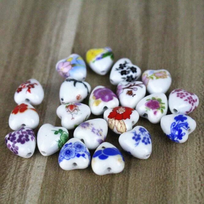 Elegance Heart Shape Ceramic Beads Flower Printing Porcelain Beads For Sale