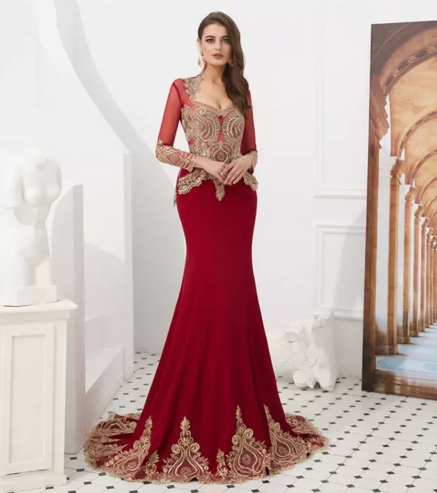 New Plus Size V Neck Mermaid Bridal Golden Lace Mermaid With Shawl Long Sleeve Muslim Dubai Kaftan Evening Dress