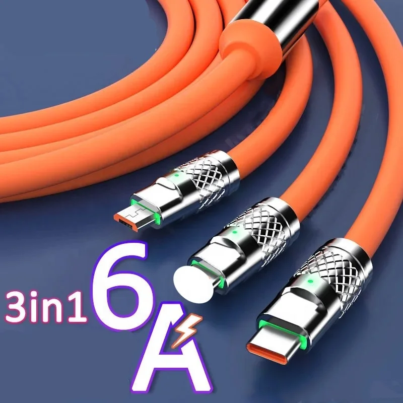 120W 6A 3 in 1 Fast Charging Type C Cable Micro USB for iPhone Charging Cable For Samsung Huawei Xiaomi Phone Charger USB Cable