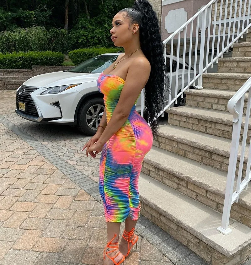 
Bunny BN-A5153 Tie Dye Rainbow Colorful Chest Wrap Shirring Bodycon Dresses Women Clothing 