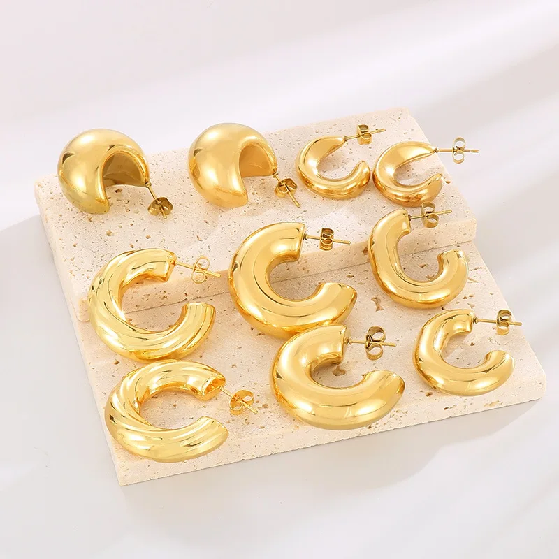 EH23343 Hot Fashion Jewelry Statement Geometric Thick Non Tarnish 18K Gold Plated Stainless Steel C Hoop Earrings For Women