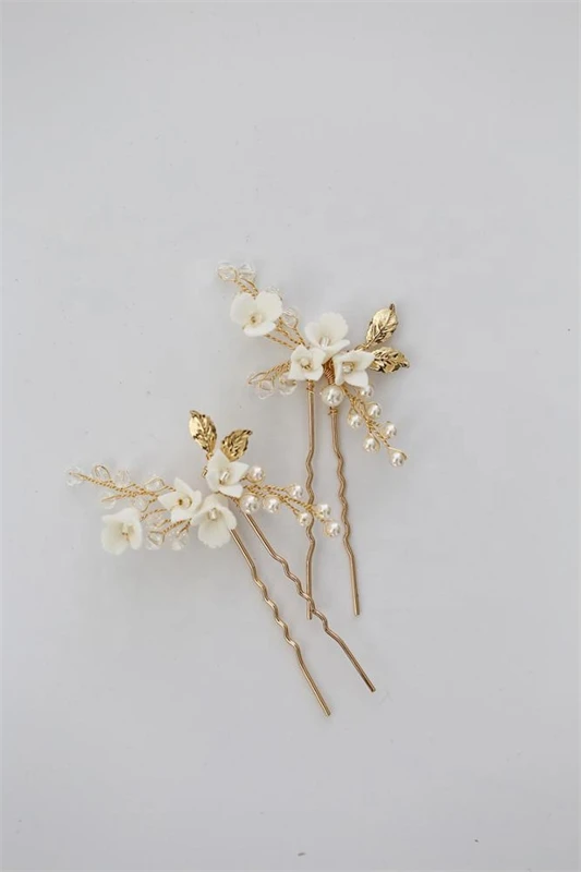 Sandro Bridal Wedding Vintage Hair Pin White Flower Gold Leaves Fancy Hairpin