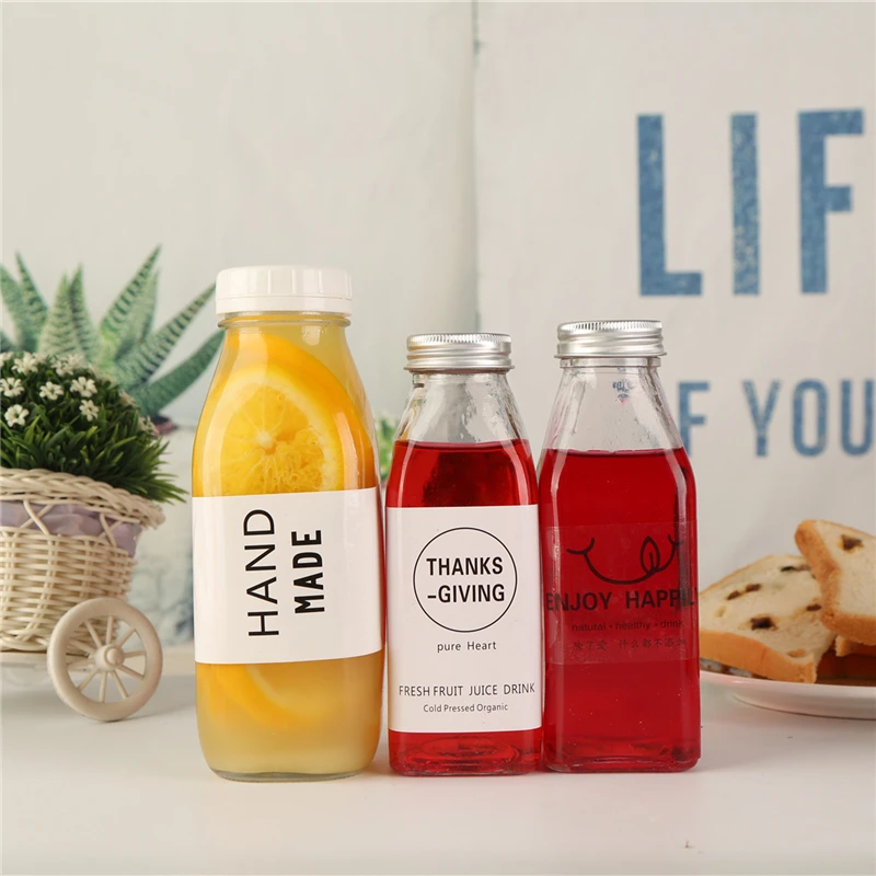 
Disposable PET Plastic Juice Beverage Bottle Square Portable To Go With Transparent Tape Cover To Seal Empty Beverage Bottles 