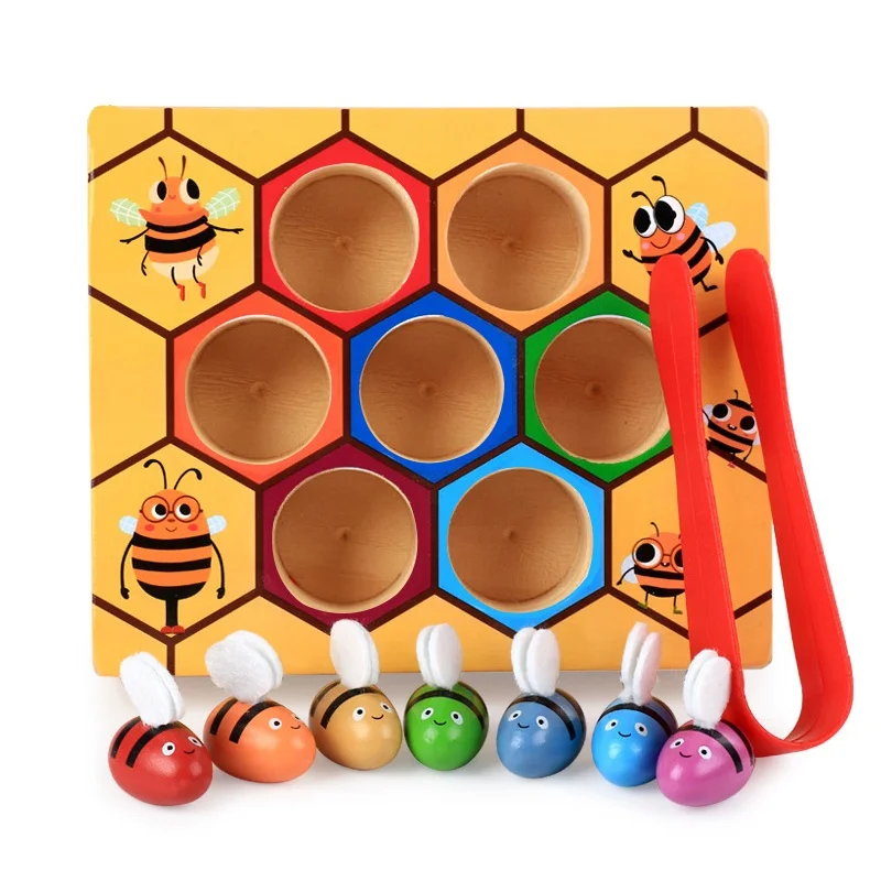 Children Montessori Early Education Beehive Game Childhood Color Cognitive Clip Small Bee Toy Wooden Leaning Toys