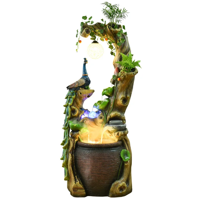 Chinese Style Peacock Zen Rockery Flowing Water Fountain Landscape Fortune-giving Gift Ornaments Root Carving Feng Shui Ball