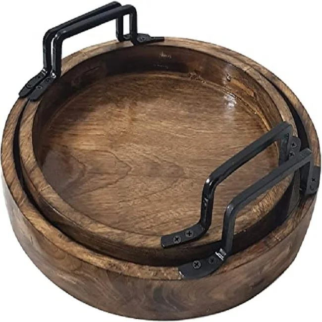 
Antique Wooden Round Serving tray With Metal Handle breakfast tray wholesaler 