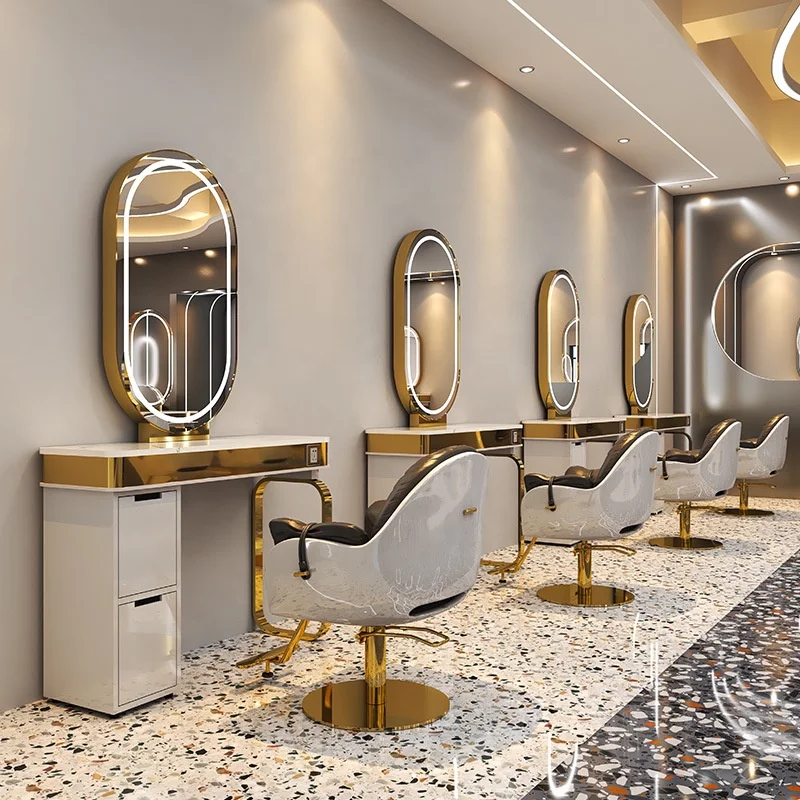 Youtai Wholesale Hair Salon Furniture Barber Station with Mirror Gold Salon Mirror With LED Salon Mirror Station