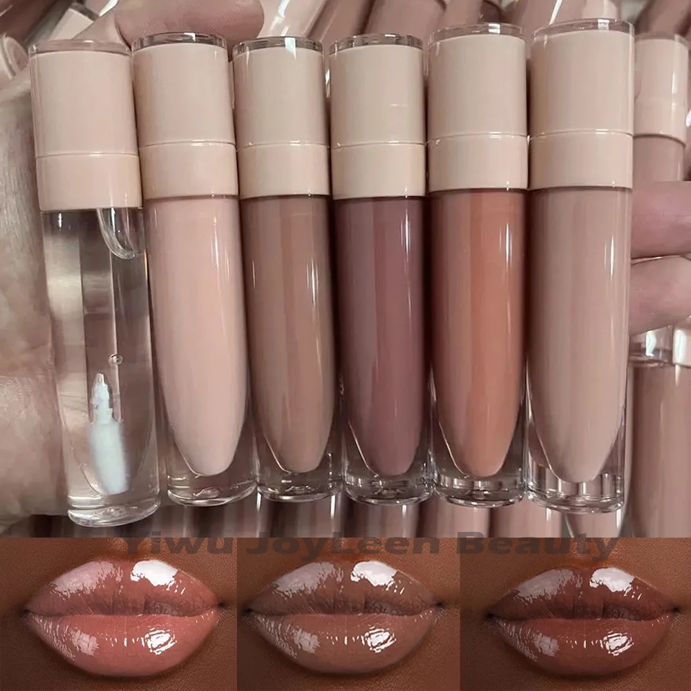 Plumping Lip Gloss Nude Clear Brown Color Lip Glow Long lasting Waterproof Private Label Nude Fat tube Lipstick Cosmetics