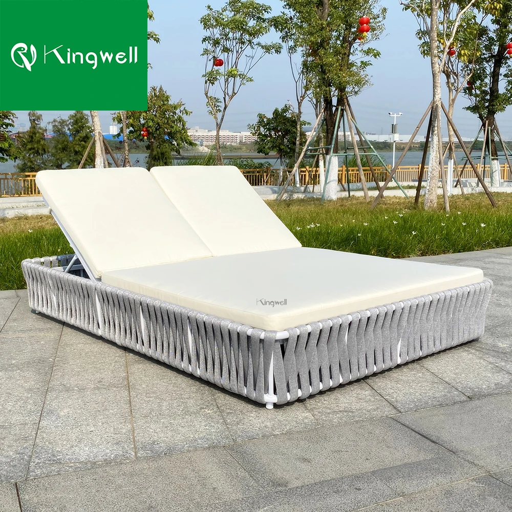 Modern design garden furniture aluminum deck chair hotel patio outdoor rope weaving double sun lounger with wholesale price
