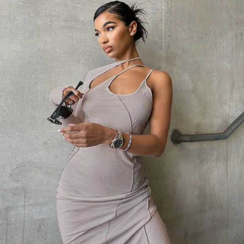 
manufacturers single-sleeved one-shoulder hollow luxury lace-up trendy women clothing 2021 sexy high waists long dress 