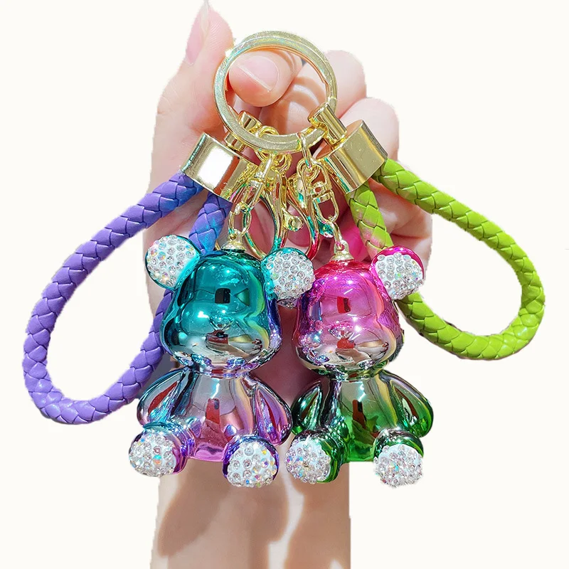 Trendy Cute Electroplated Bear Keychain Fashion 3D Bear Doll Keyring with Leather Rope Pendant For Girl Gift