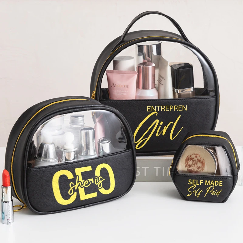 Wingtu Factory Direct Sale Pvc Zipper Custom Pattern Die Cut Shopping Bag For Cosmetics Clear 3 Pcs Set Makeup Bag