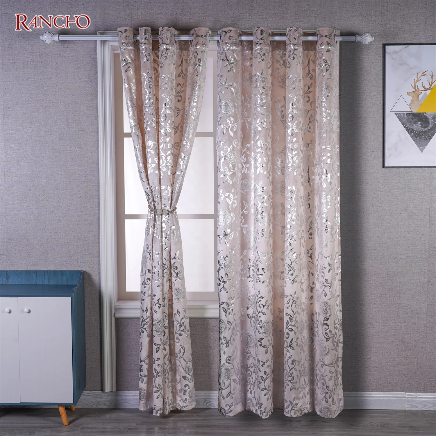 Latest design velvet blackout curtains by silver foil printing design living room silver stamping curtains luxury