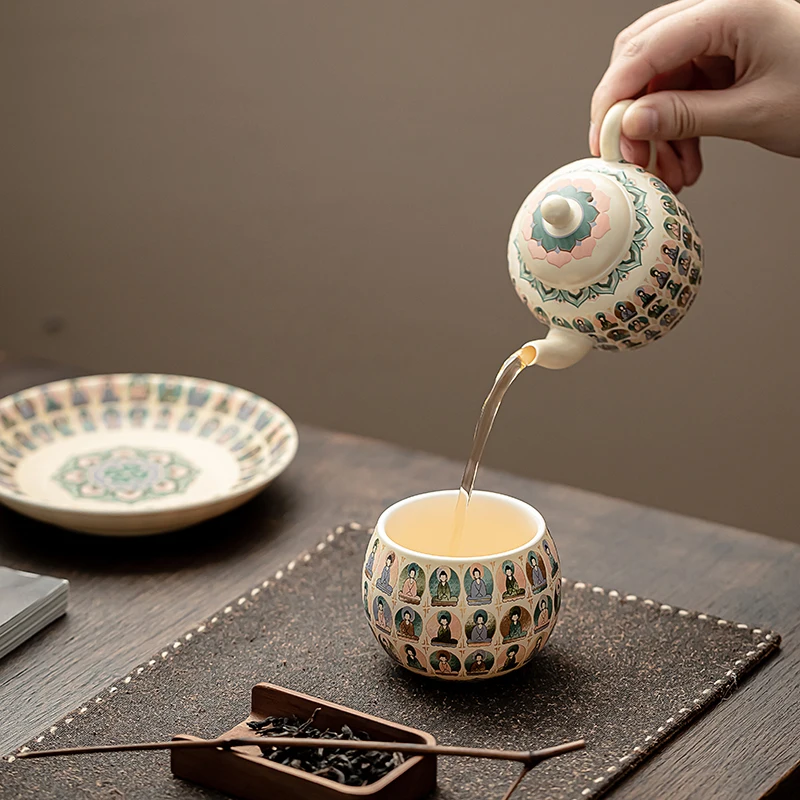 Vintage Thousand Buddha Ceramic Kung Fu Cup Individual Single Espresso Tea & Coffee Cup