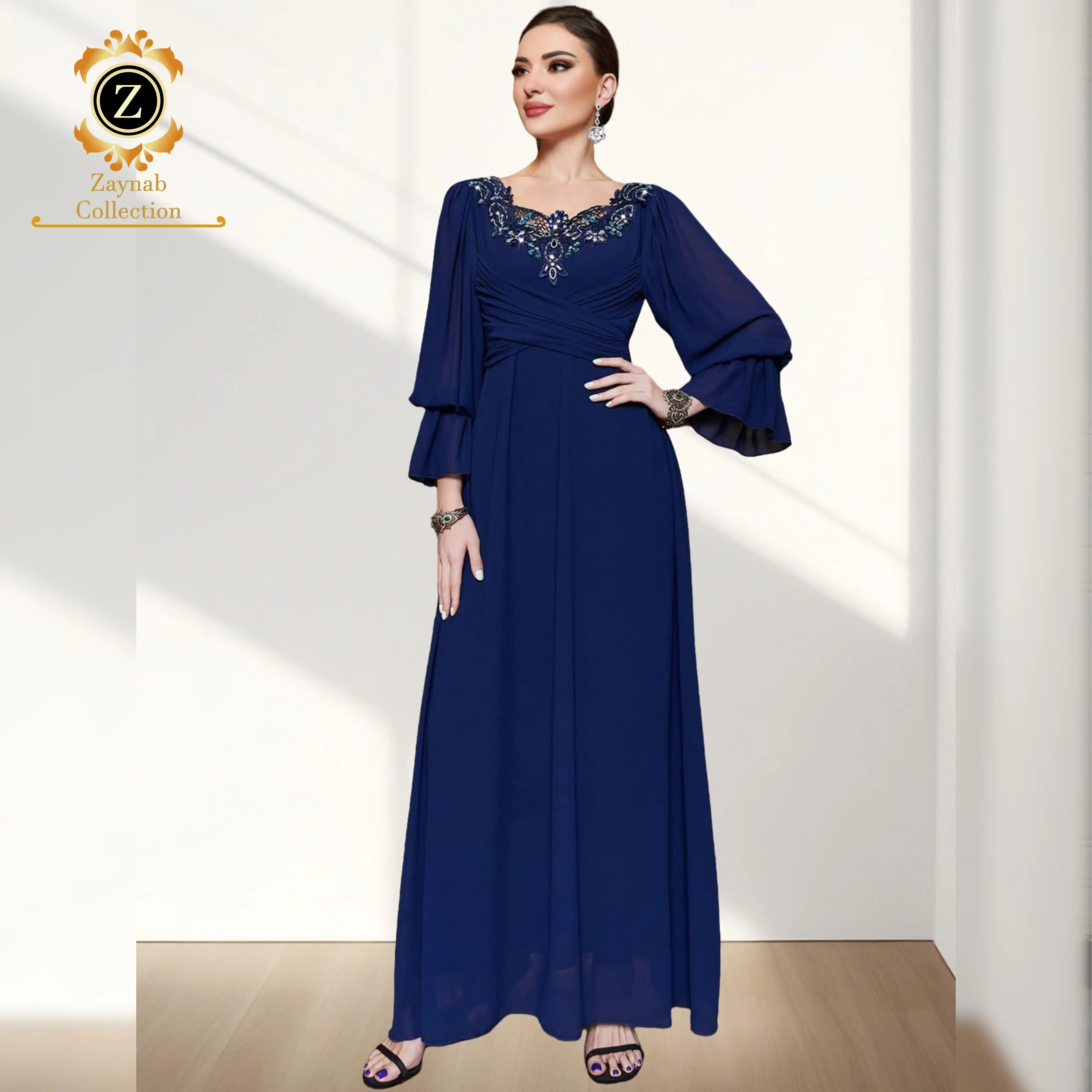 Zaynab Women Muslim Dress Dubai Kaftan Abaya Printed Fabric Women  Dress Turkey Dubai Gold Embroidered Velvet Elegant Abaya