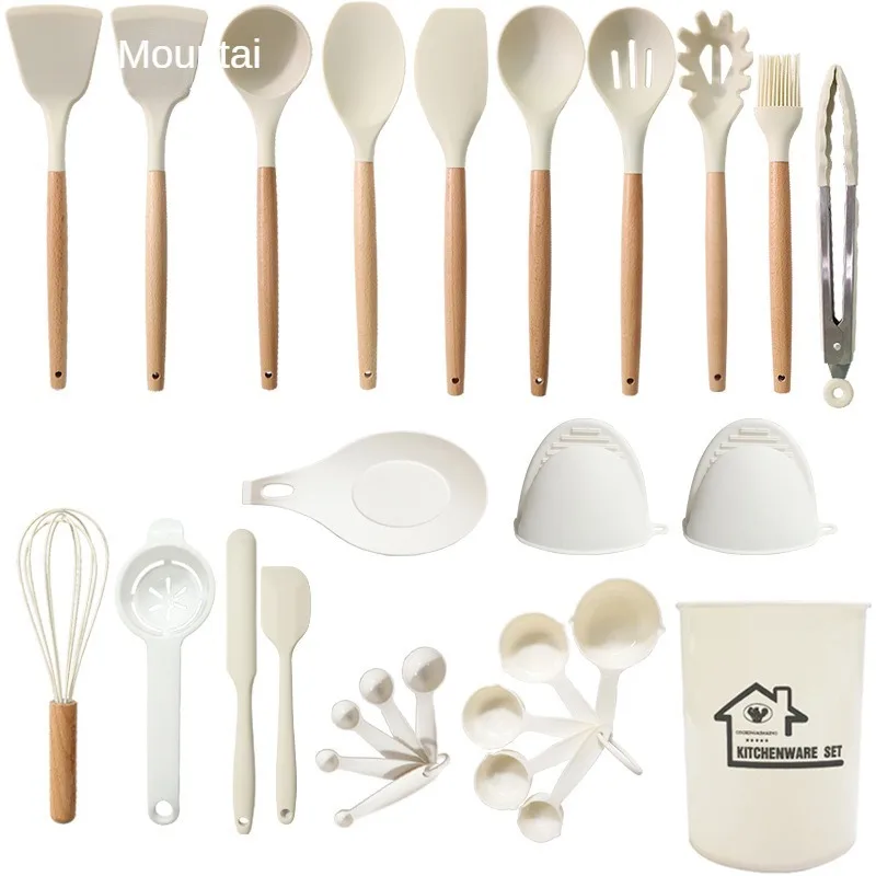 19-Piece Non-Stick Silicone Kitchenware Utensils Set Soup Spatula & Spoon Holder with Wood Handle PP PC Material Cooking Baking