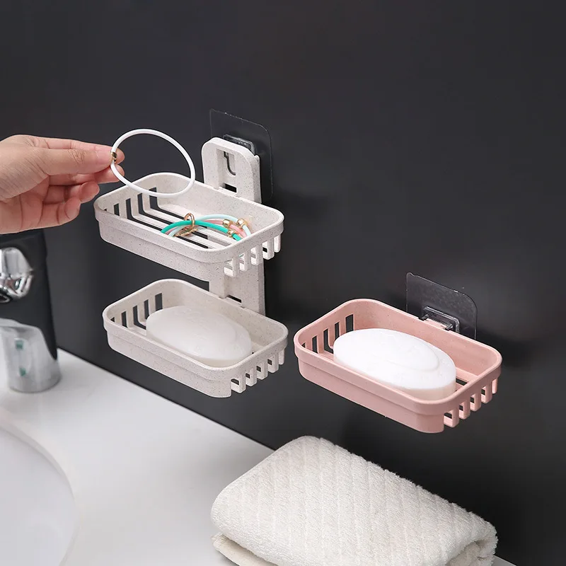 Non perforated bathroom drainage wall mounted soap box storage rack suction cup double-layer soap holder
