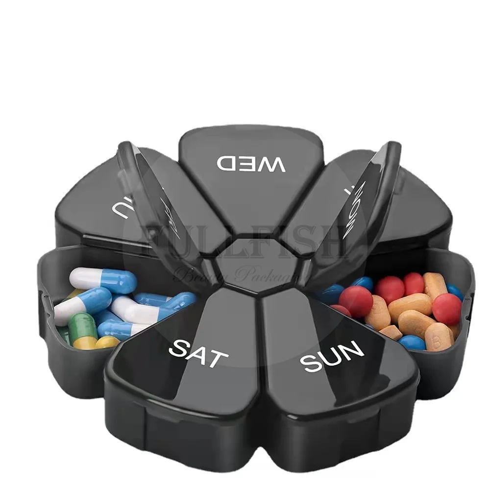 Amazon Hot sale plastic pill box 7 days black and colorful round container