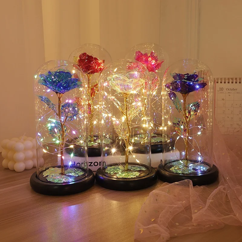Holiday Gift Artificial Preserved Rose Enchanted Red Led Rose Lamps  In Glass Dome