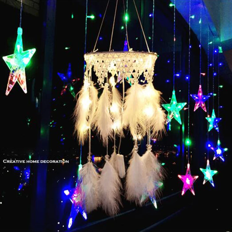 Mobile Light Dream Catchers with LED Lights Hanging Ornaments Feathers Wedding Home Decorations Handmade Dreamcatcher for Girls