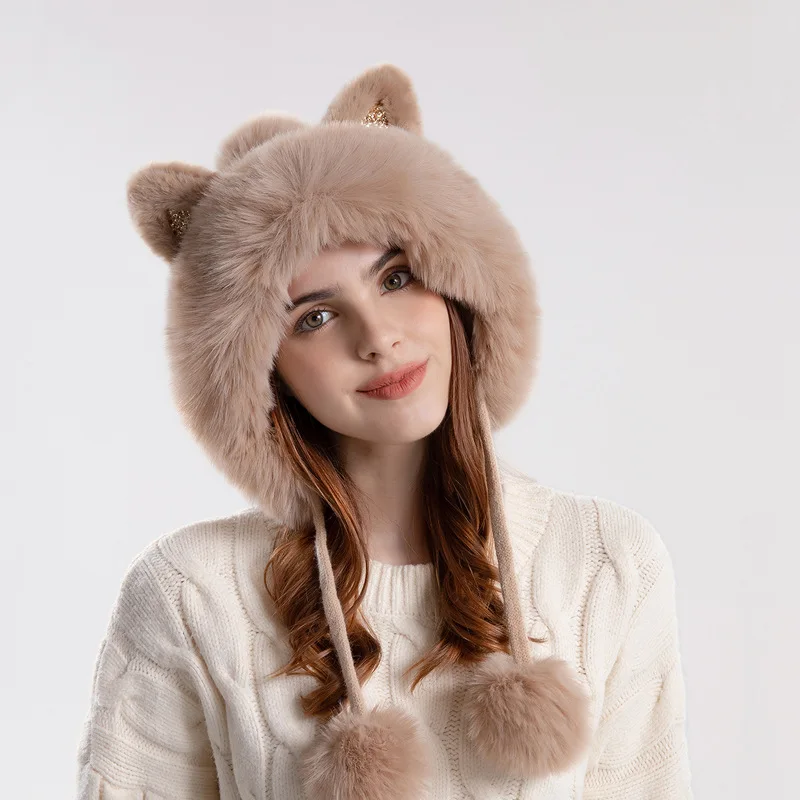 Winter Cute Knitted Hat Women Cartoon Cat Ear Hair Ball Ear Protector Cap Plush Thickened Warm Cap Designer hat