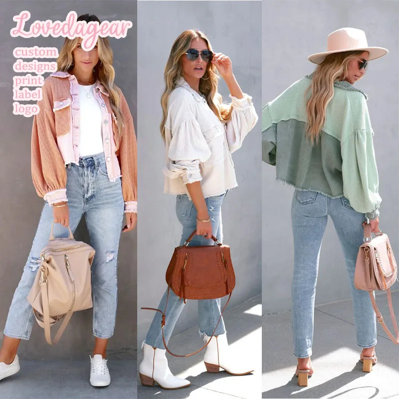 New Fashion Cropped Denim Jacket For Women Puffy Sleeve Pocketed Distressed Waffle Patchwork Coat Washed Jean Shacket