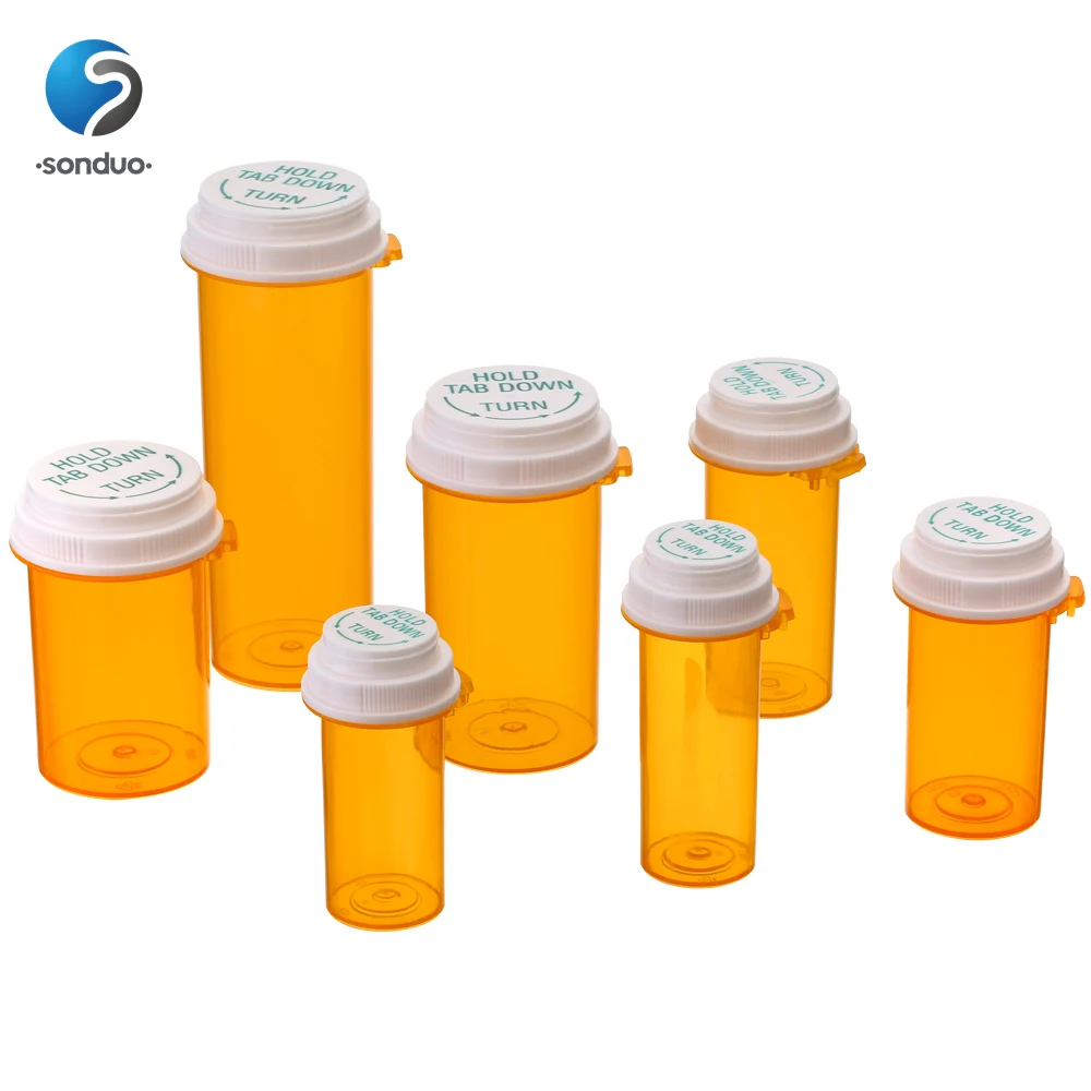 Pharmacy Touch Down Cap Vial Plastic Amber Thumb Tab Vials Reversible Push Down Bottle