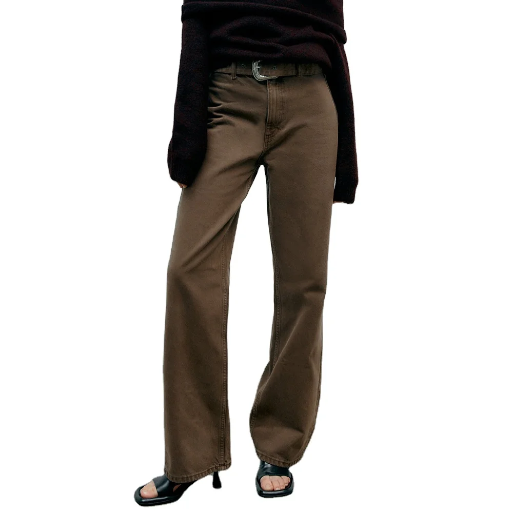 OEM Custom Made Outdoor Pure Color Cotton Pants High waist Belted Wide Leg Jeans For Women