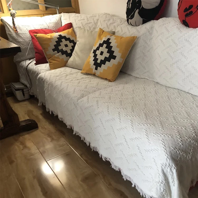 
Sofa cover pure color white cotton knitted bohemian throw with tassel macrame 