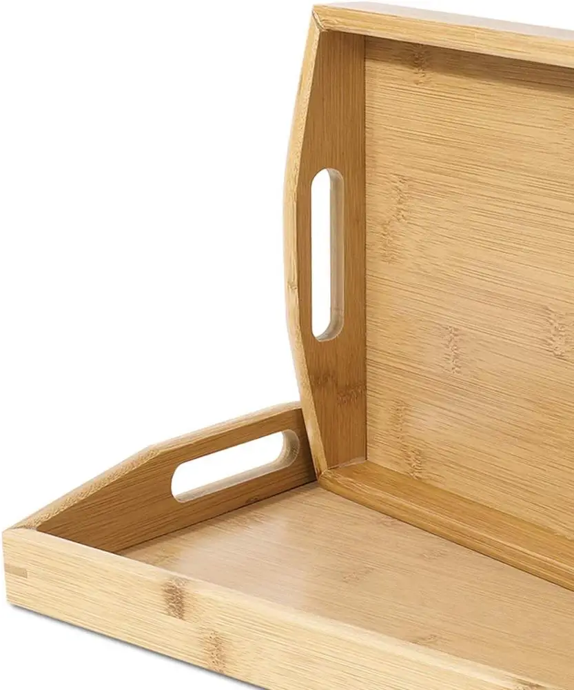 
Combohome Natural Bamboo Rectangle Breakfast Coffee Food Table Serving Tray With Curved Handles 