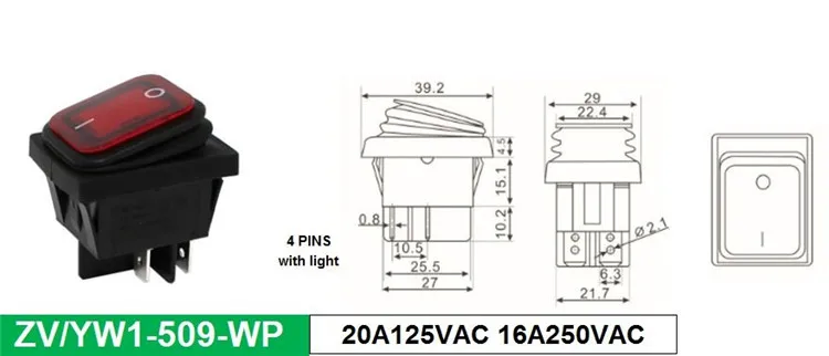 4 Pins KCD4-201 Waterproof Rocker Switch With LED 30x22mm 16A 250V
