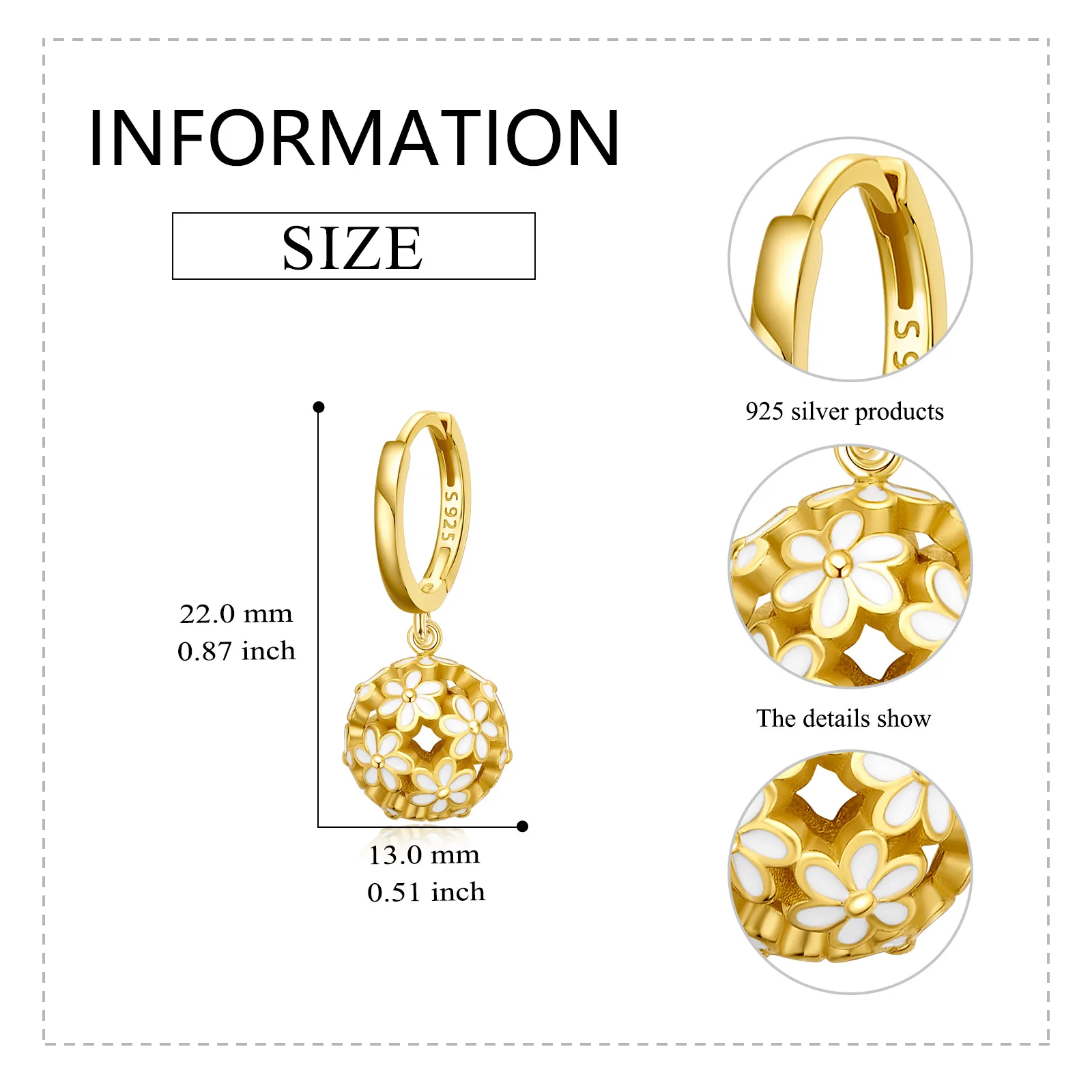 New Arrival 925 Sterling Silver Gold Plated Daisy Flower Ball Drop Dangle Hoop Earrings For Women