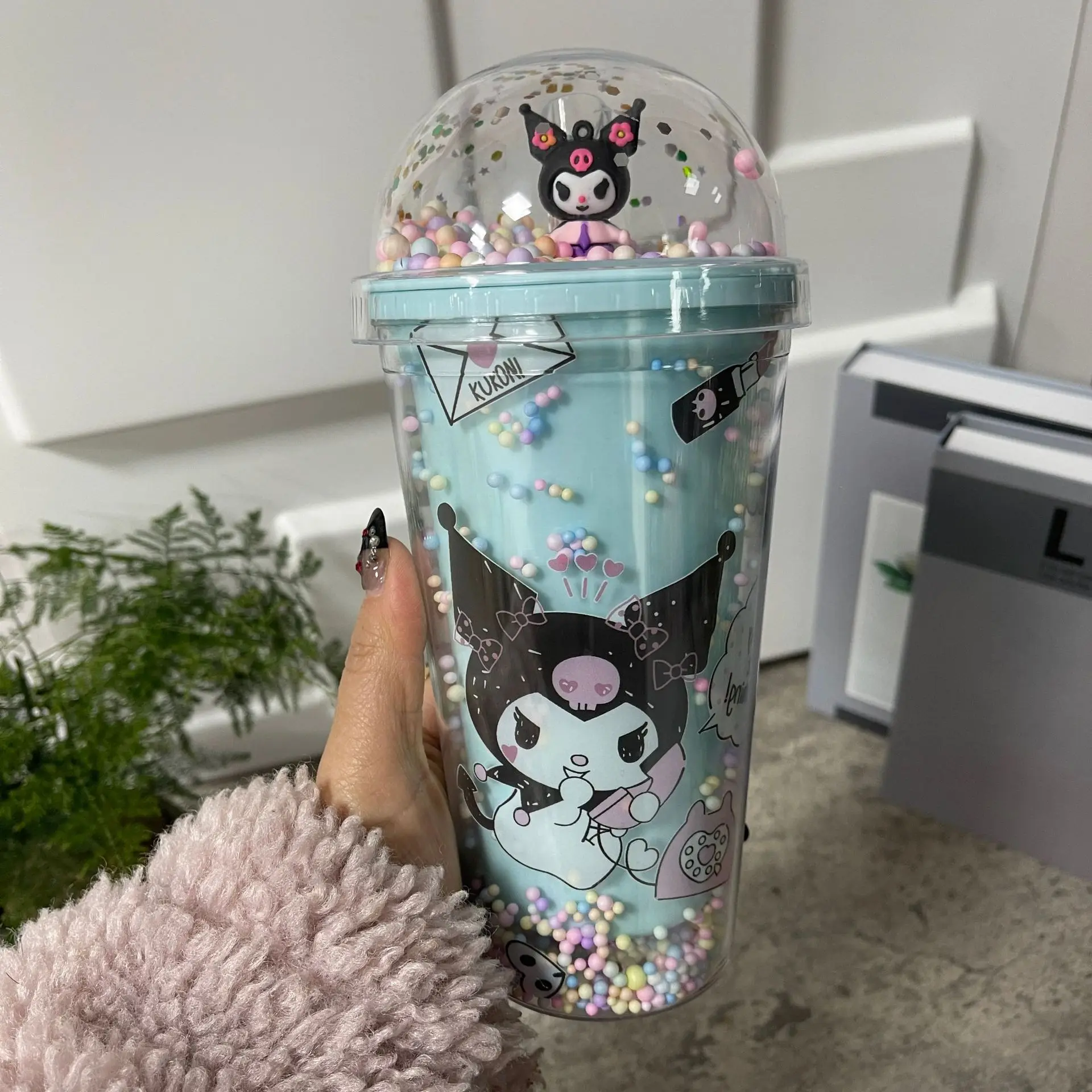 YWMX New Design Kuromi Cartoon Plastic Cold Water Glass Straw Cup Double-layer Glass Sequined Crushed Ice Cup Wholesale