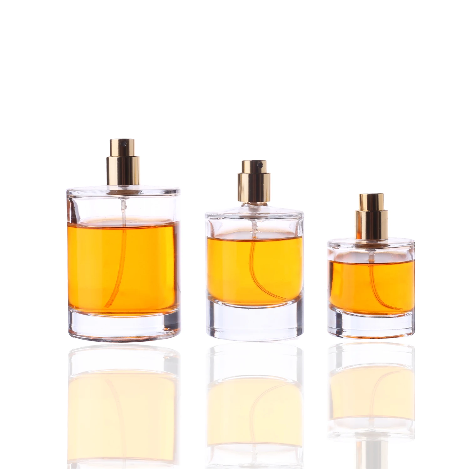 Wholesale high quality thick based cylinder clear 30ml 50ml 100ml glass perfume bottles with customized wide round caps