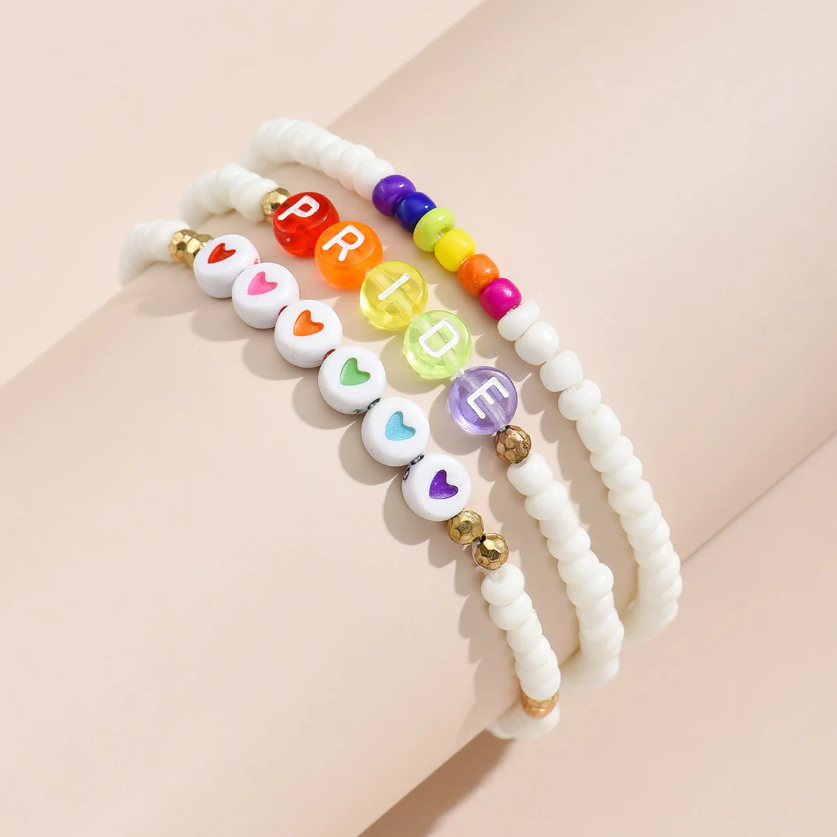 Boho Beach Pride Rainbow Candy Color Acrylic Lucky Beads Beaded Bracelet 3 PCS Set