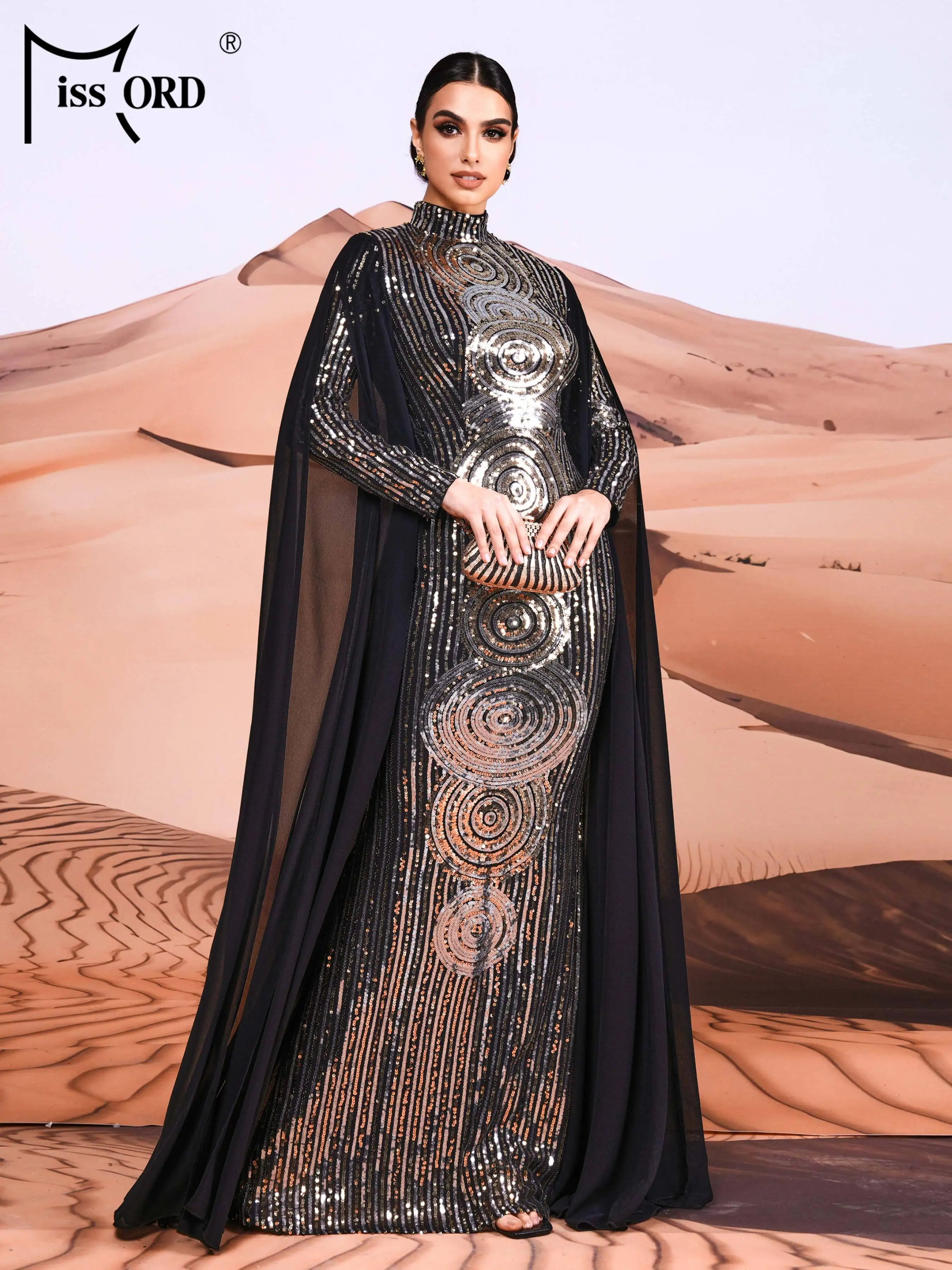 Stand Collar Long Cape Sleeve Maxi Sequin Hijab Arabic Istanbul Moroccan Turkish Dubai Muslim Modest Evening Dresses for Women
