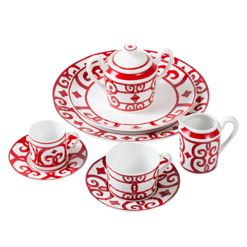 High End Luxury Red lock series Porcelain Coffee Cup And Saucer Tea Cup Ceramic Drinkware Coffee Set For Home Hotel Restaurant
