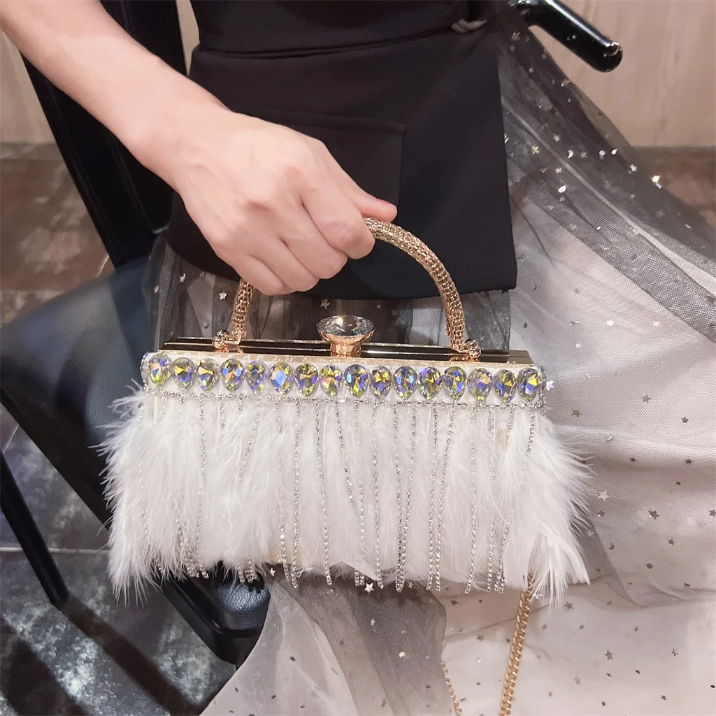 Luxury Feather Party Evening Clutch Bag Women Wedding Pearl Tassel Purses and Handbags Chain Shoulder Bag Designer Bag